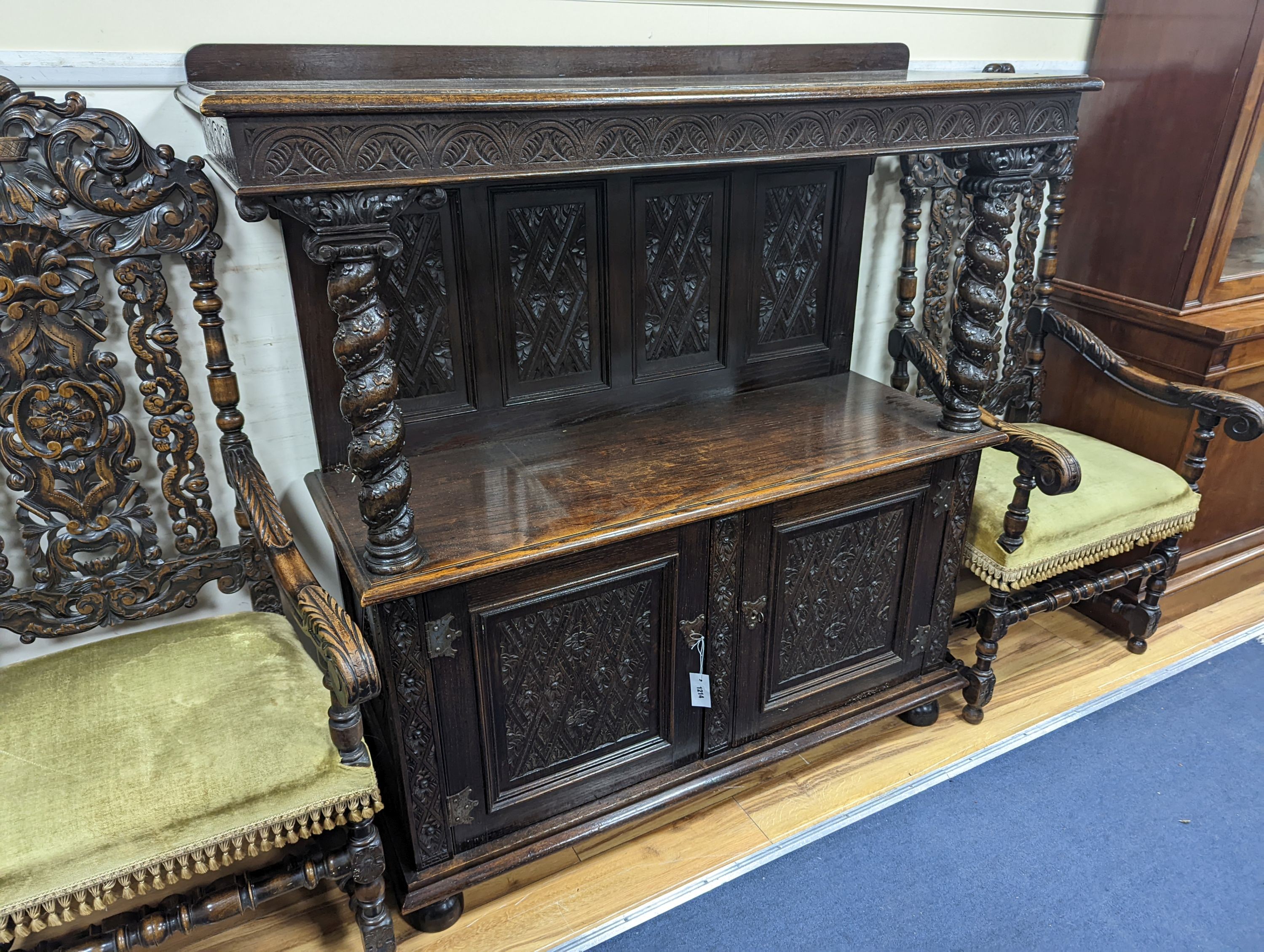 An 18th century and later oak buffet, length 140cm, depth 46cm, height 135cm